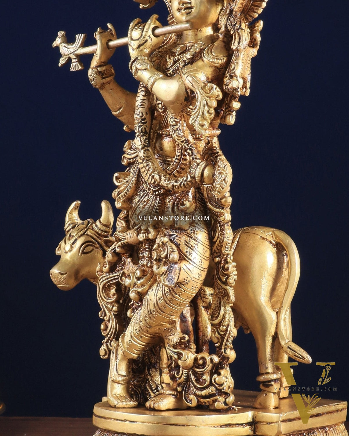 Pure Brass Standing Lord Krishna with Cow – 14"