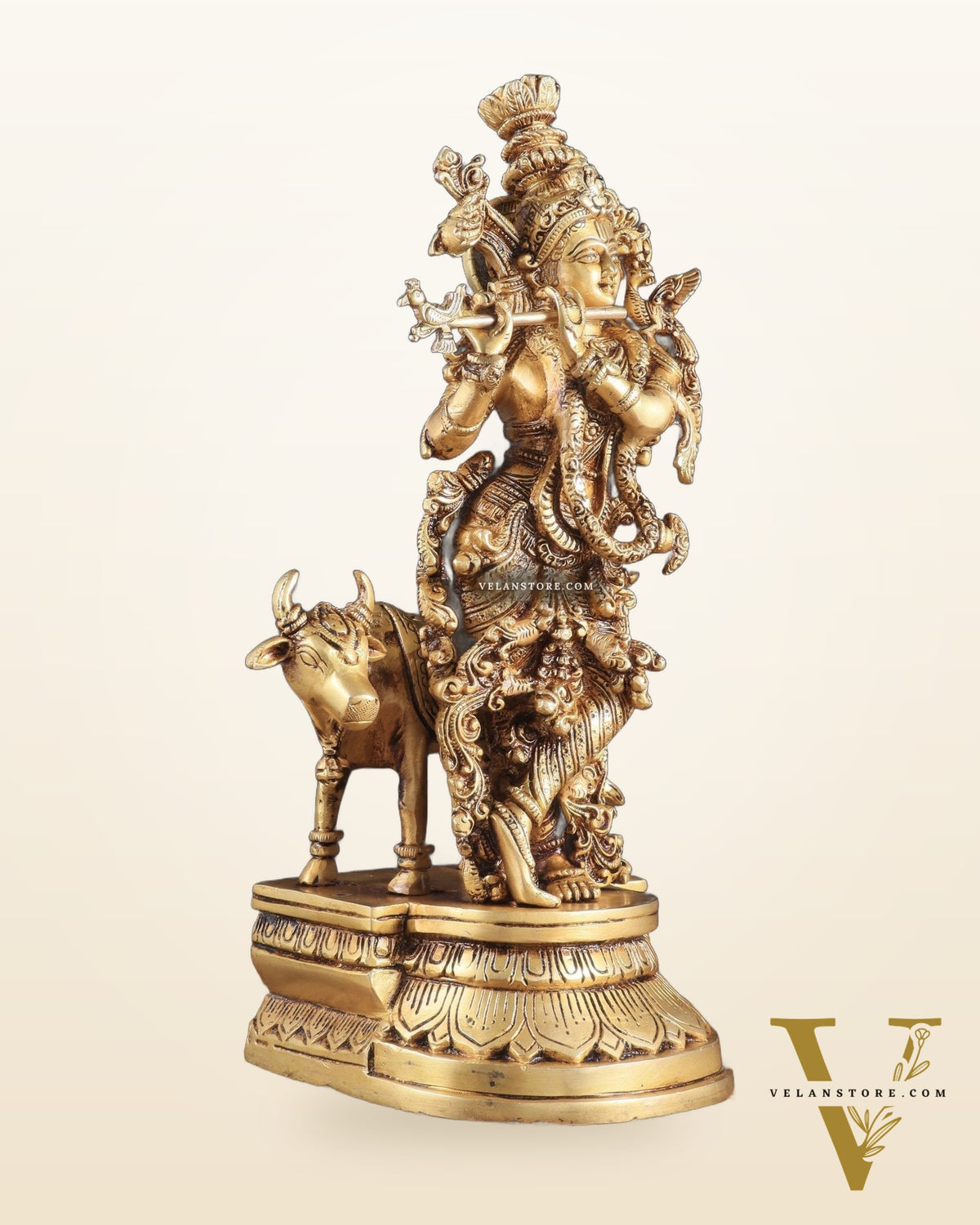 Pure Brass Standing Lord Krishna with Cow – 14"