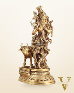 Pure Brass Standing Lord Krishna with Cow – 14"