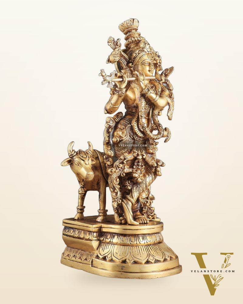 Pure Brass Standing Lord Krishna with Cow – 14"