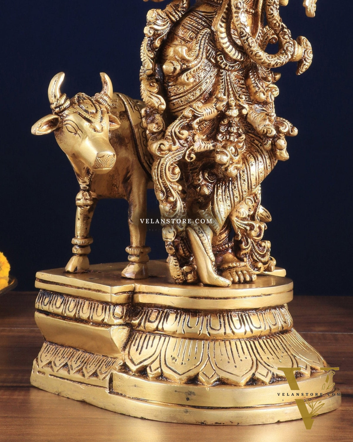 Pure Brass Standing Lord Krishna with Cow – 14"