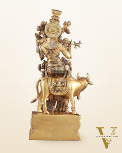 Pure Brass Standing Lord Krishna with Cow – 14"