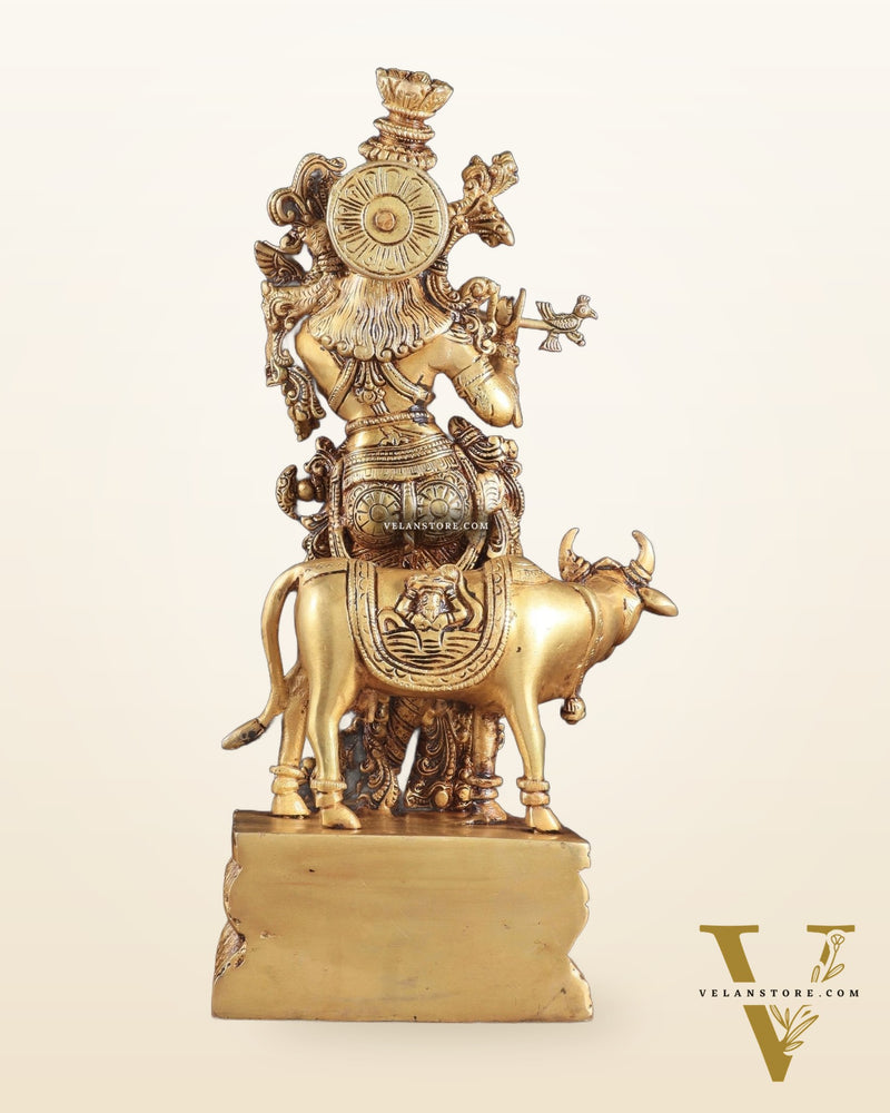 Pure Brass Standing Lord Krishna with Cow – 14"