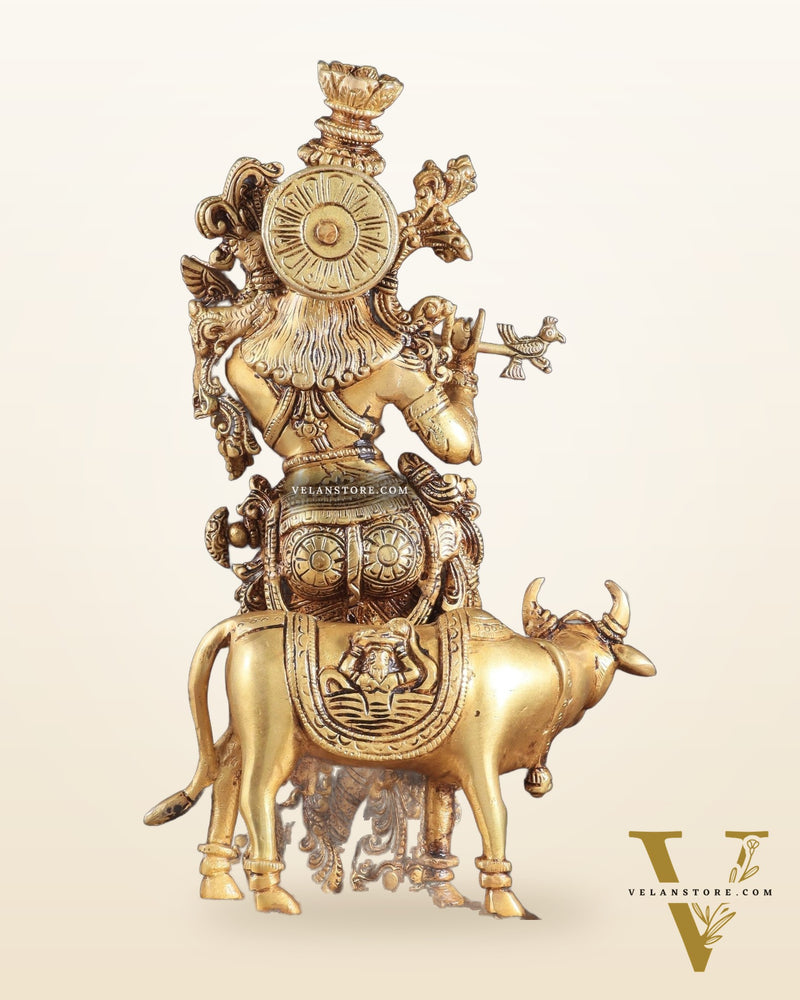 Pure Brass Standing Lord Krishna with Cow – 14"