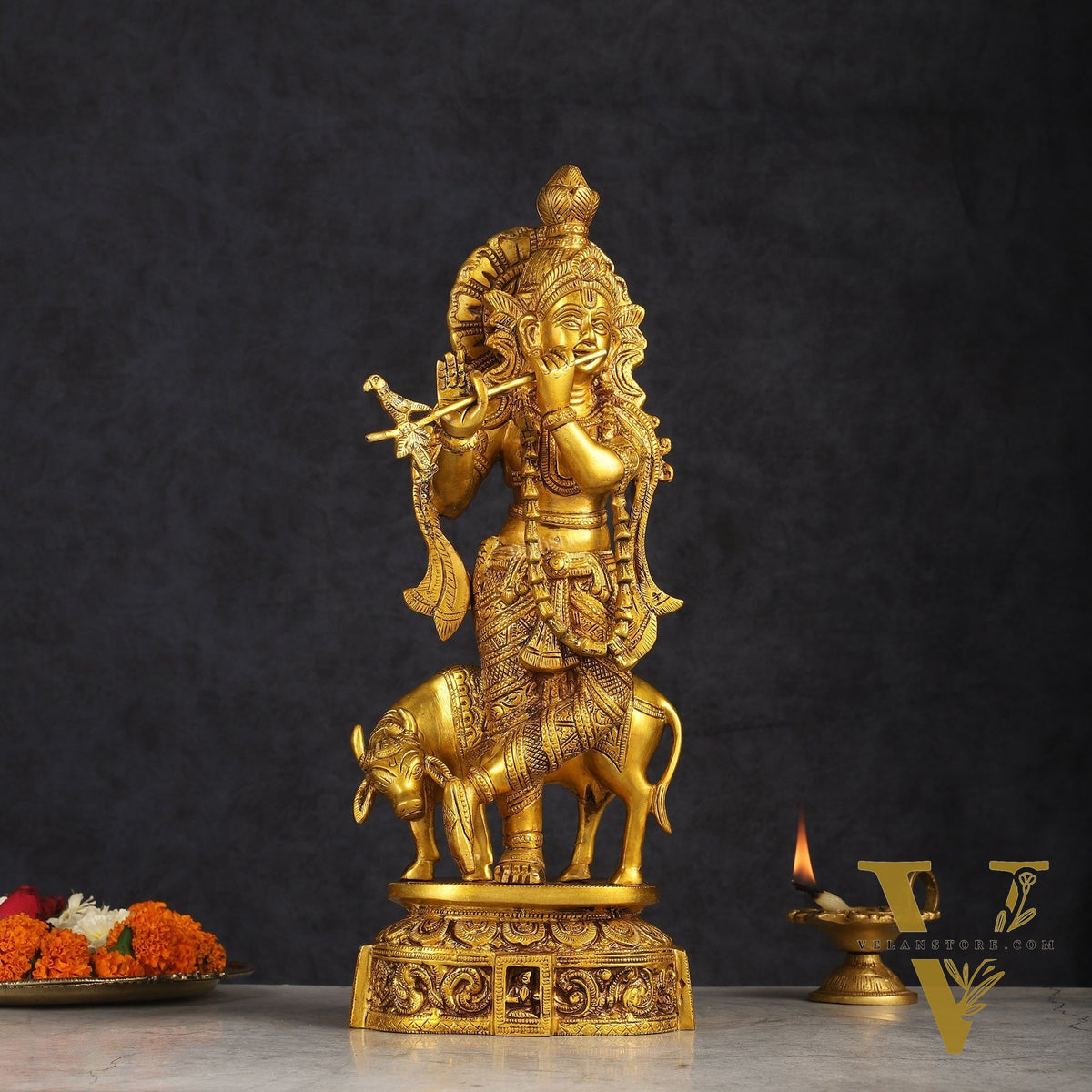 Pure Brass Standing Lord Krishna with Cow Statue 15 inch