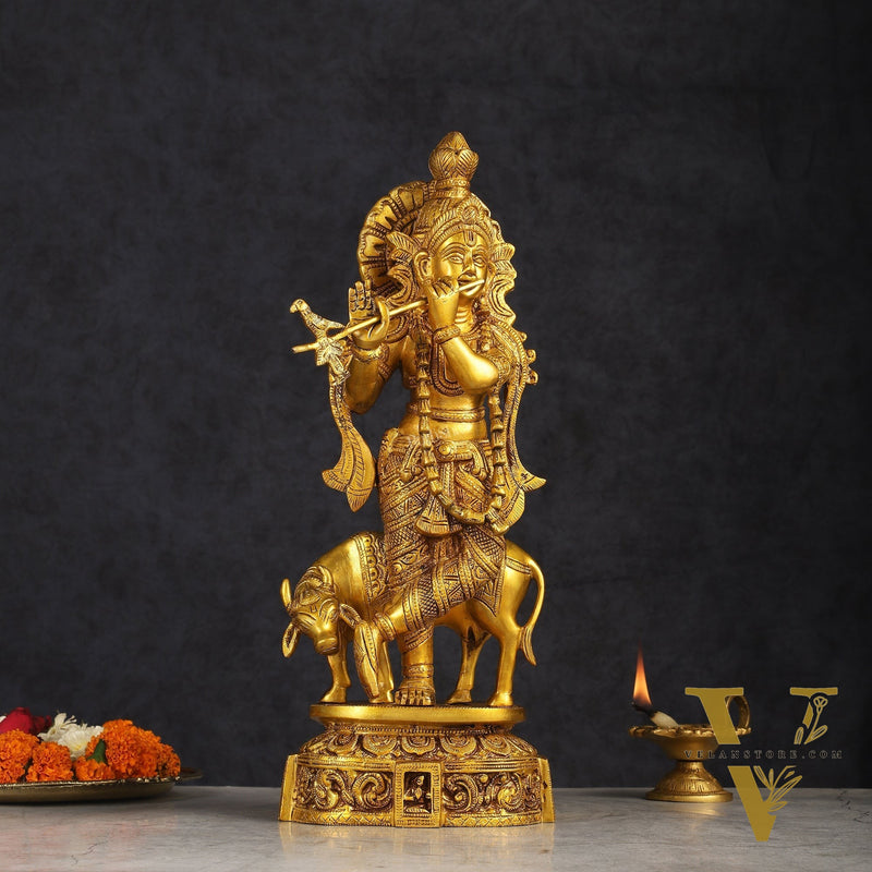 Pure Brass Standing Lord Krishna with Cow Statue 15 inch