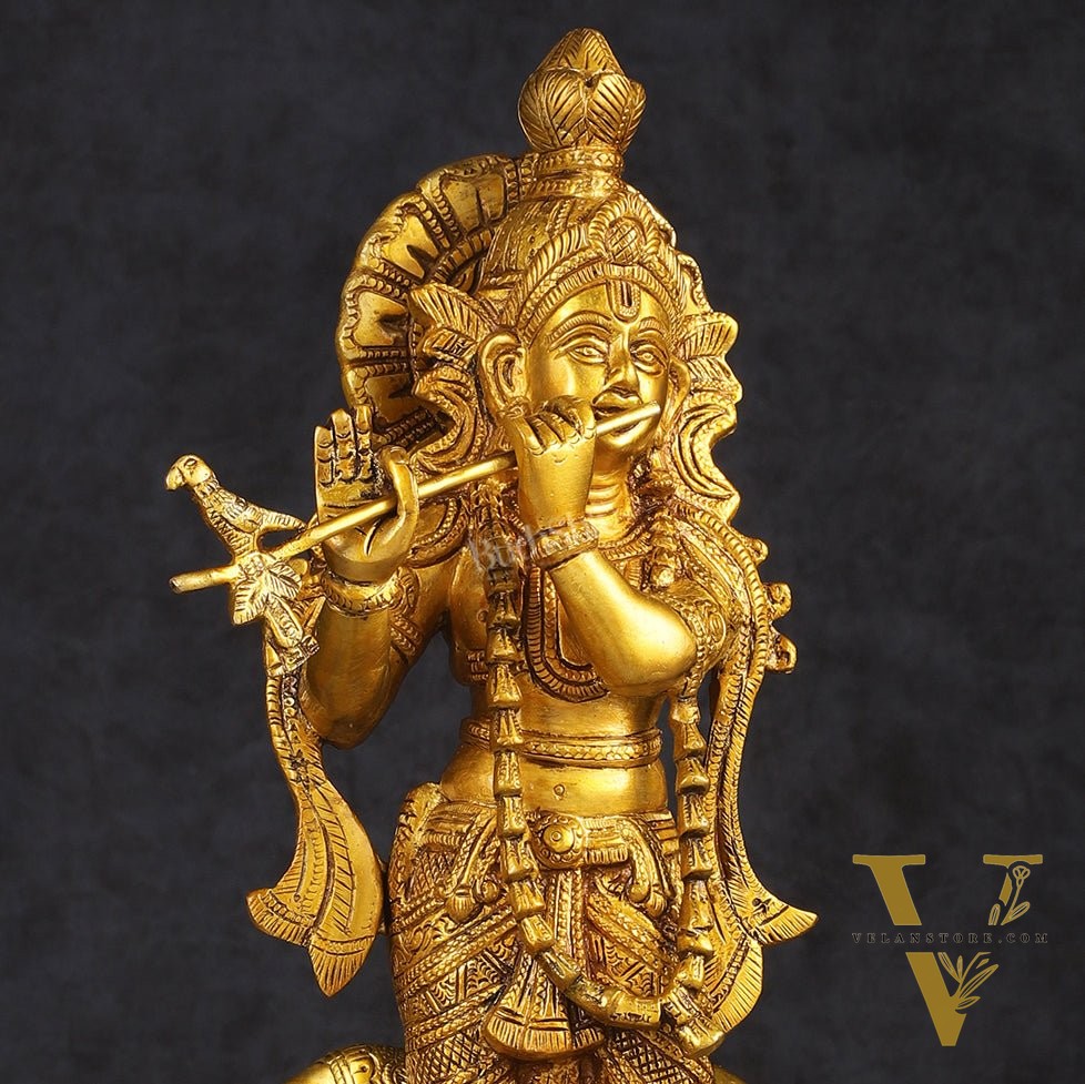 Pure Brass Standing Lord Krishna with Cow Statue 15 inch