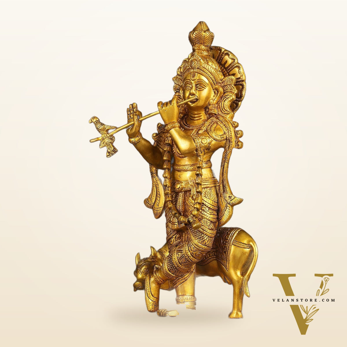 Pure Brass Standing Lord Krishna with Cow Statue 15 inch