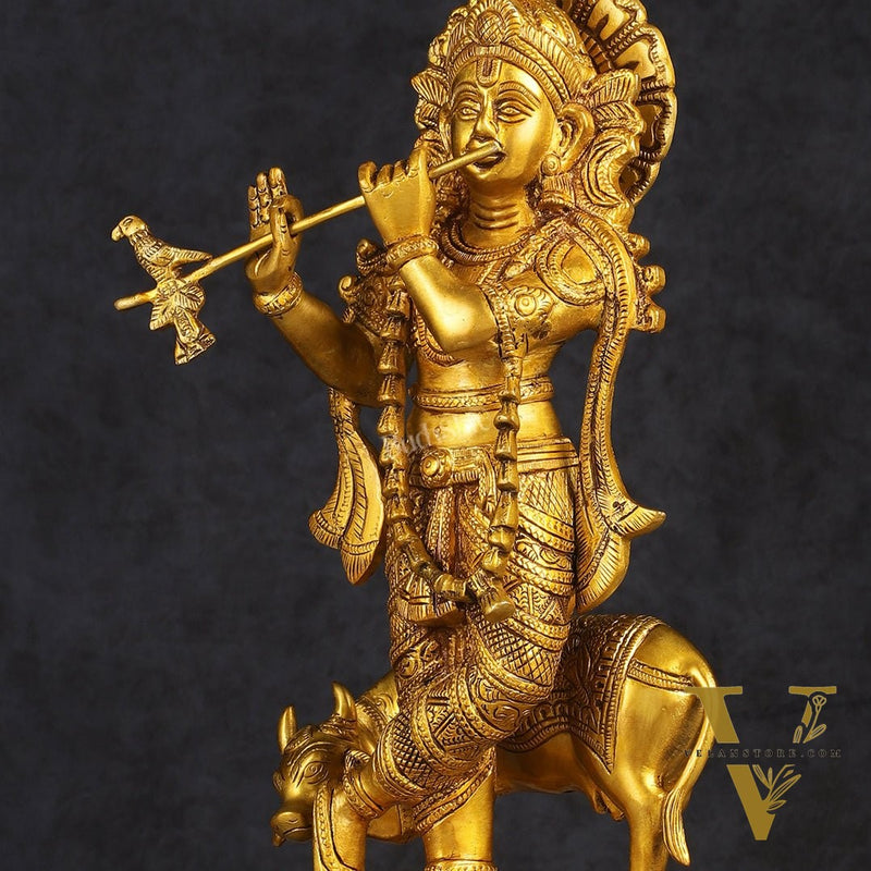 Pure Brass Standing Lord Krishna with Cow Statue 15 inch