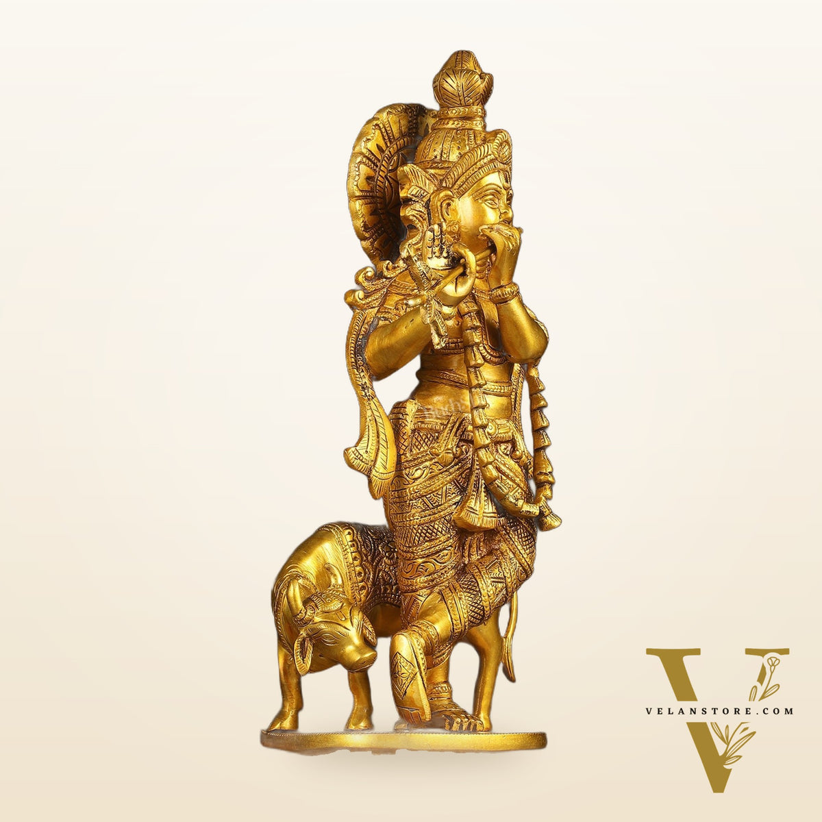 Pure Brass Standing Lord Krishna with Cow Statue 15 inch