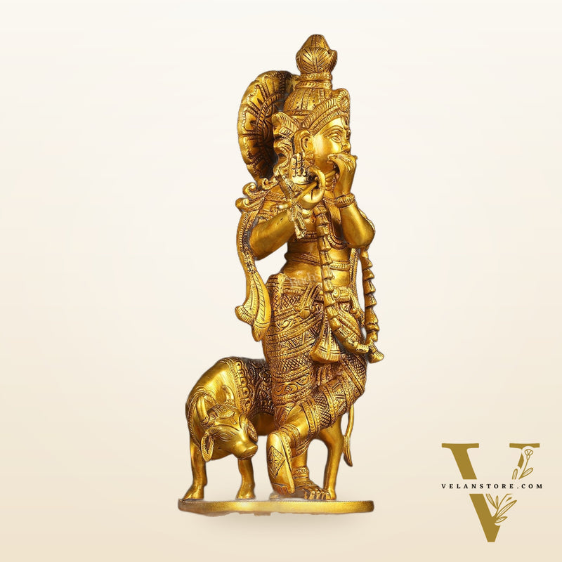 Pure Brass Standing Lord Krishna with Cow Statue 15 inch