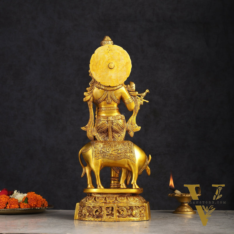 Pure Brass Standing Lord Krishna with Cow Statue 15 inch
