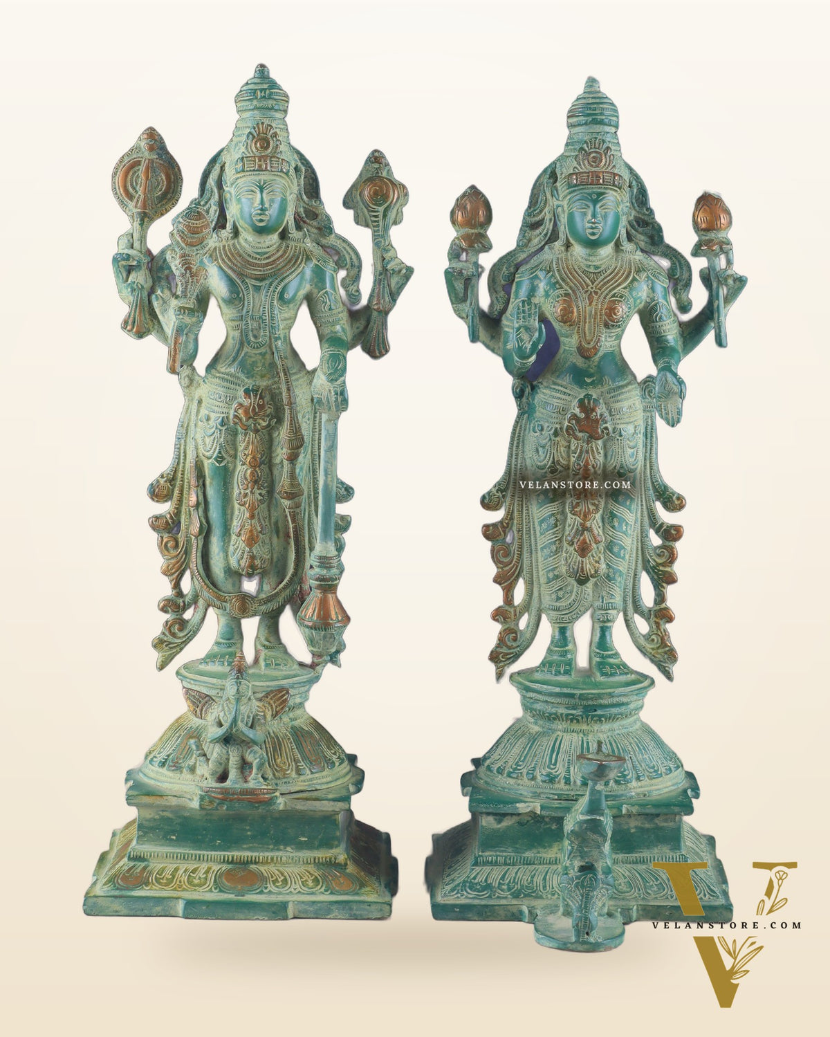 Pure Brass Standing Lord Vishnu and Goddess Lakshmi Idols 15"