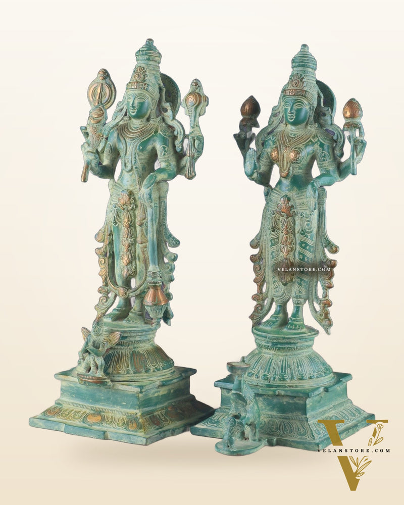 Pure Brass Standing Lord Vishnu and Goddess Lakshmi Idols 15"