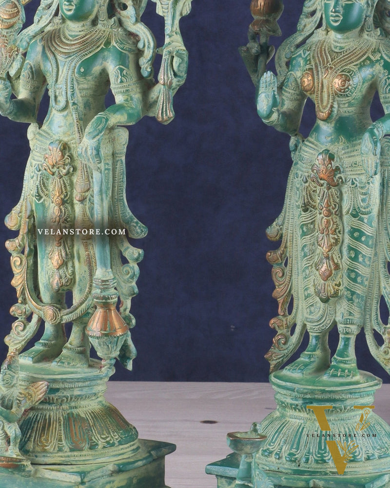 Pure Brass Standing Lord Vishnu and Goddess Lakshmi Idols 15"