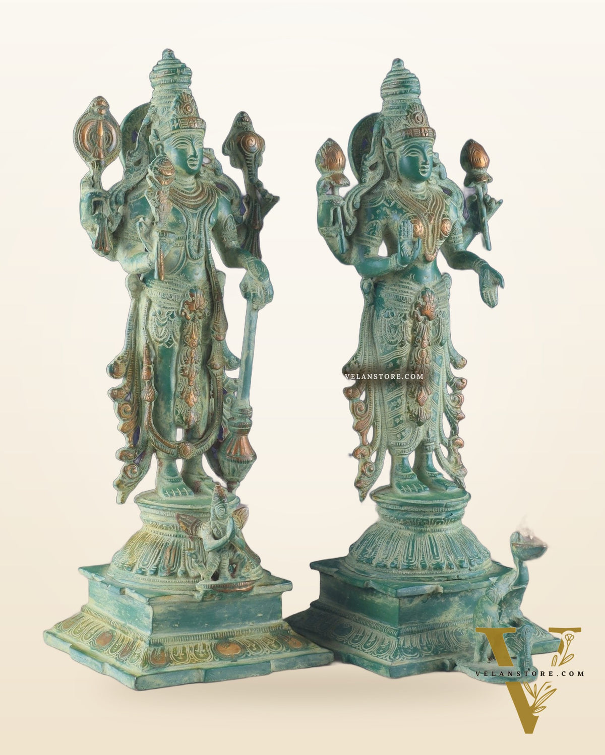 Pure Brass Standing Lord Vishnu and Goddess Lakshmi Idols 15"