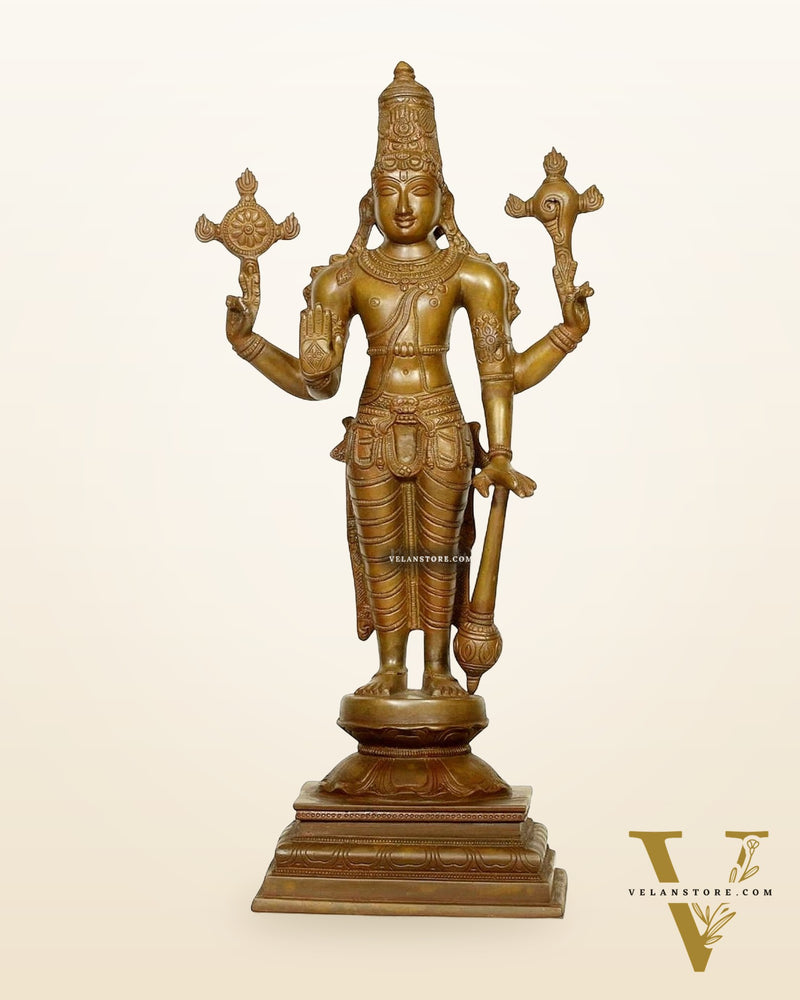 Pure Brass Standing Lord Vishnu in Bronze Tone Sculpture 20"