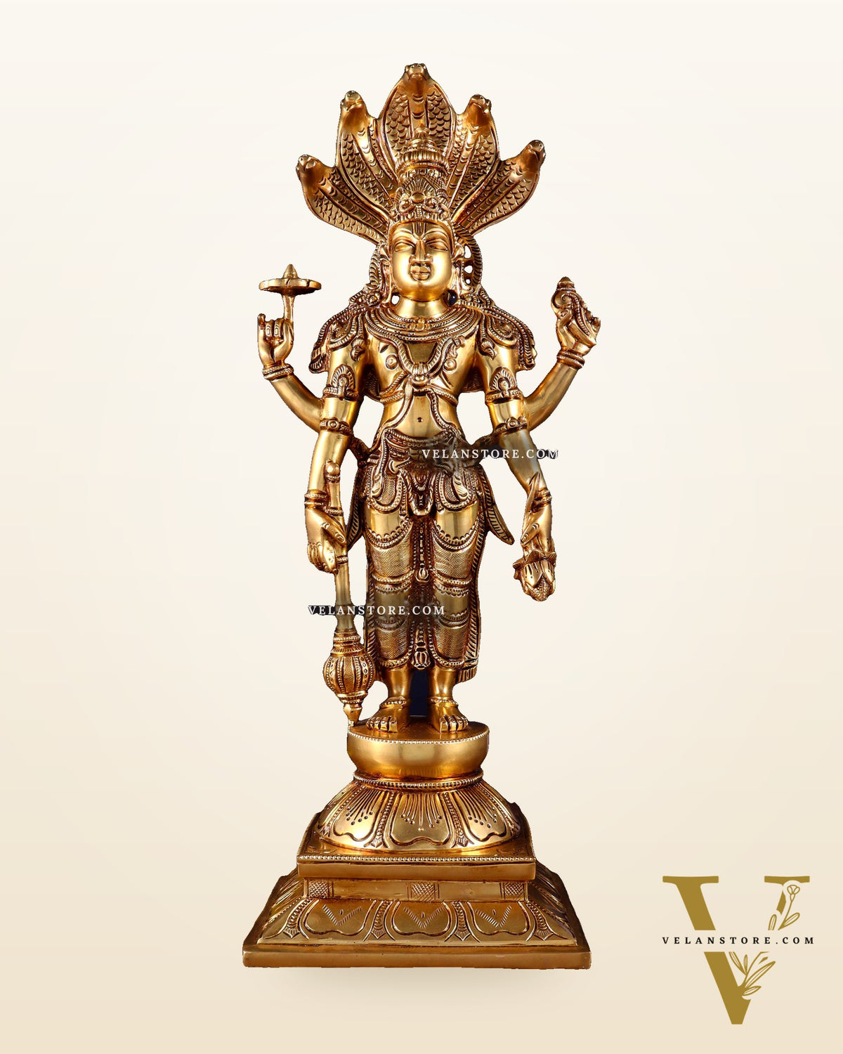 Pure Brass Standing Lord Vishnu with Sheshanaag – Highly Detailed Statue 18 inch