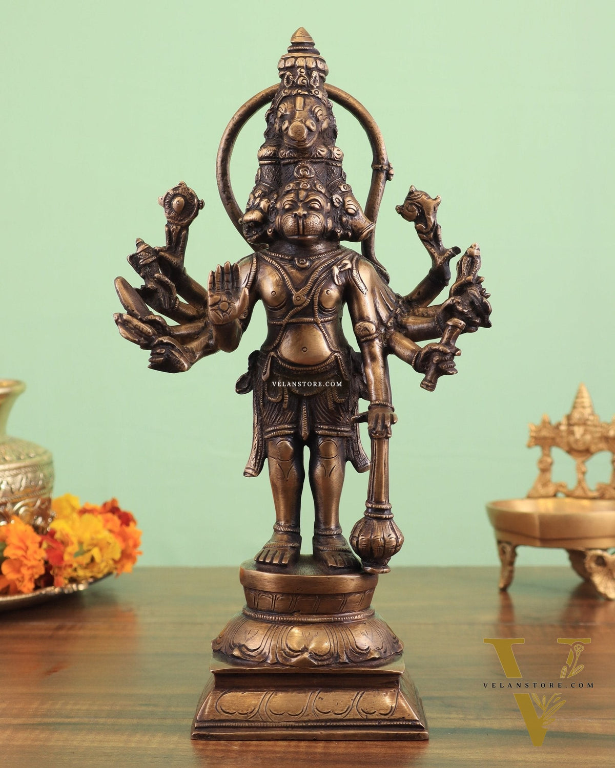 Pure Brass Standing Panchmukhi Hanuman Idol – antique finish 12 inch