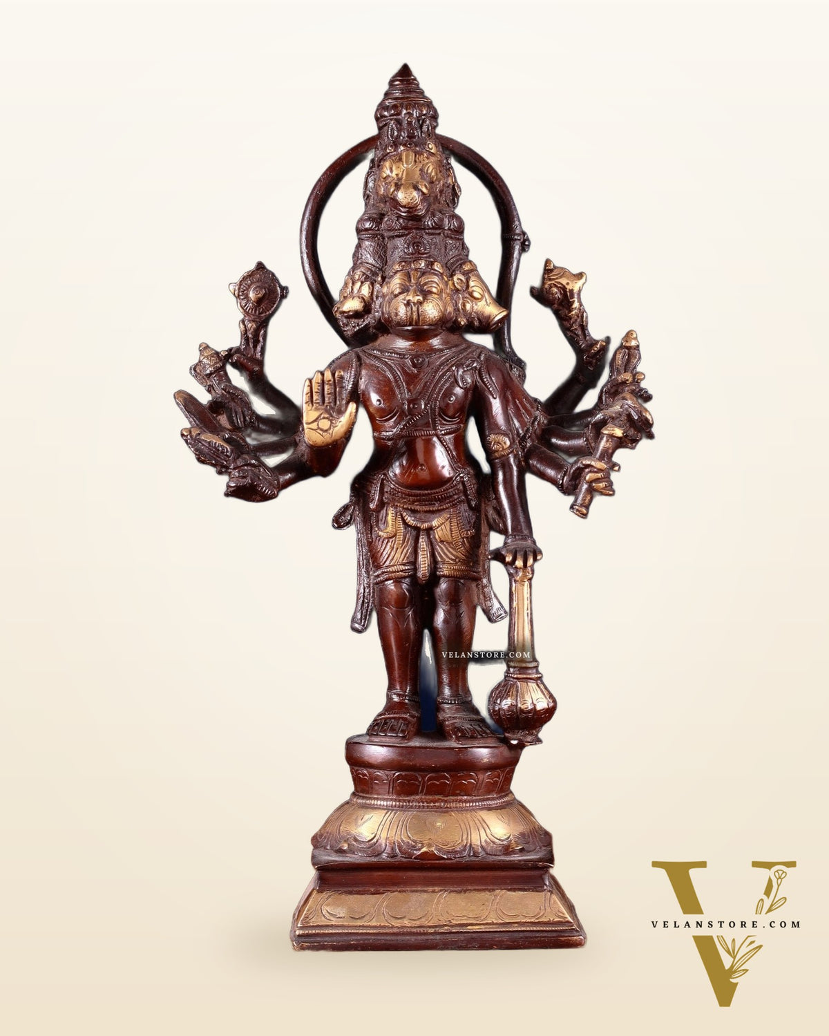 Pure Brass Standing Panchmukhi Hanuman Idol – Double Chola Finish 12 inch