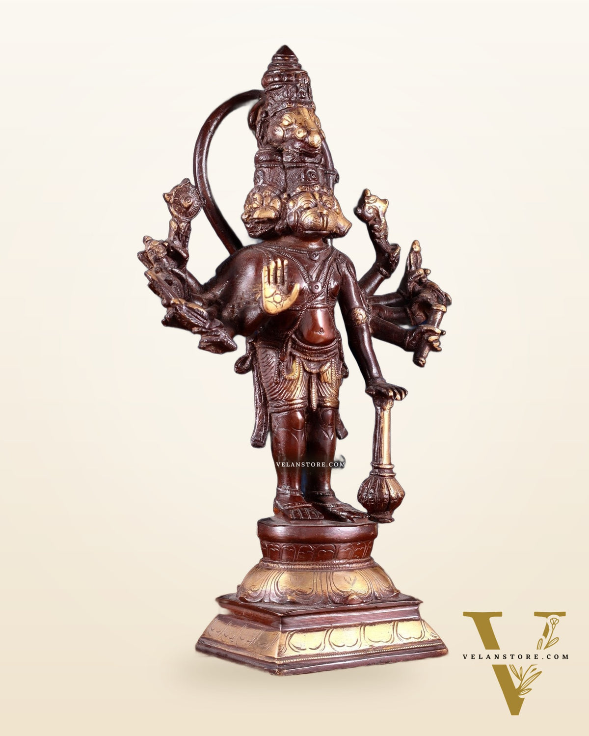 Pure Brass Standing Panchmukhi Hanuman Idol – Double Chola Finish 12 inch
