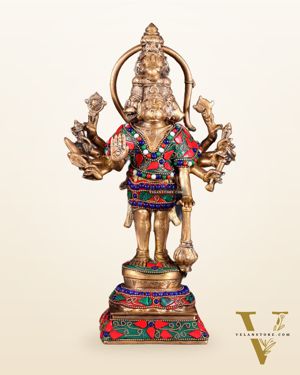 Pure Brass Standing Panchmukhi Hanuman Idol Floral stonework 12"