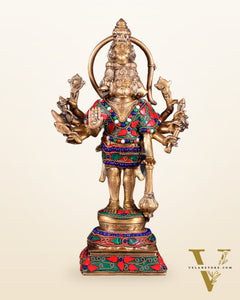Pure Brass Standing Panchmukhi Hanuman Idol Floral stonework 12"