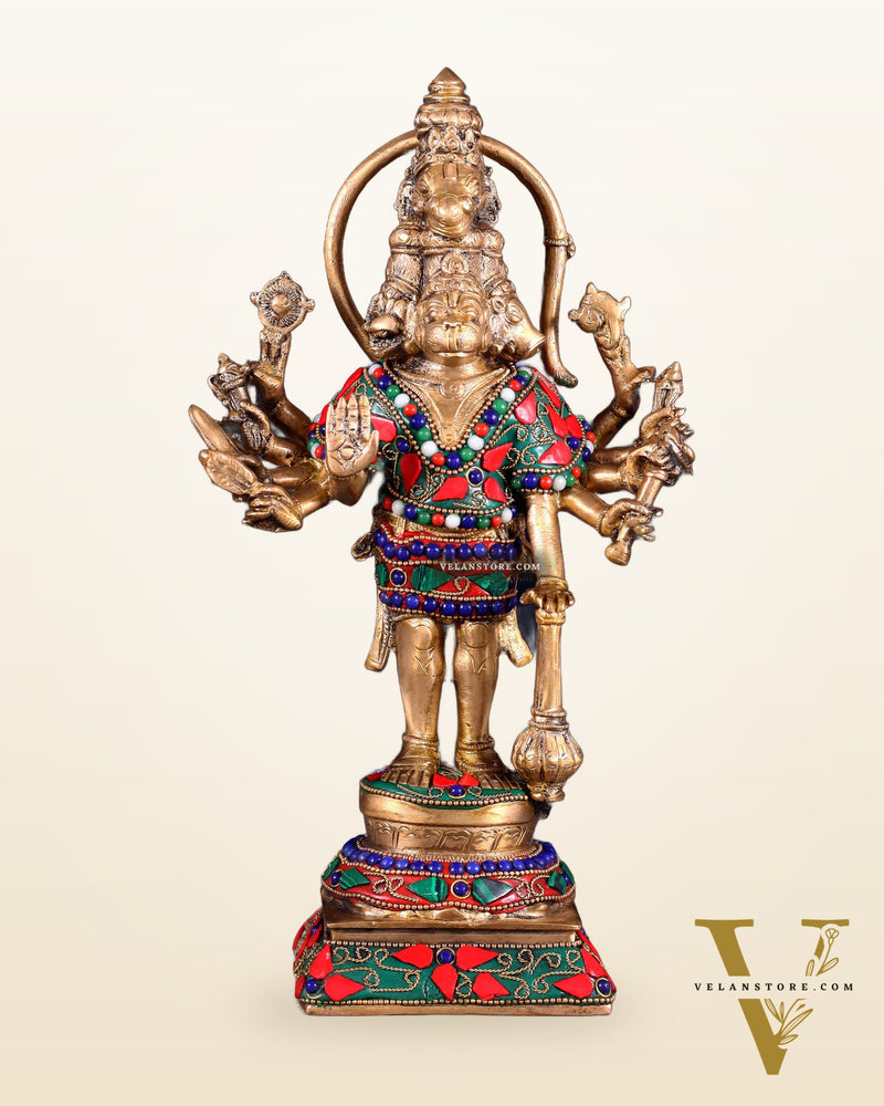 Pure Brass Standing Panchmukhi Hanuman Idol Floral stonework 12"