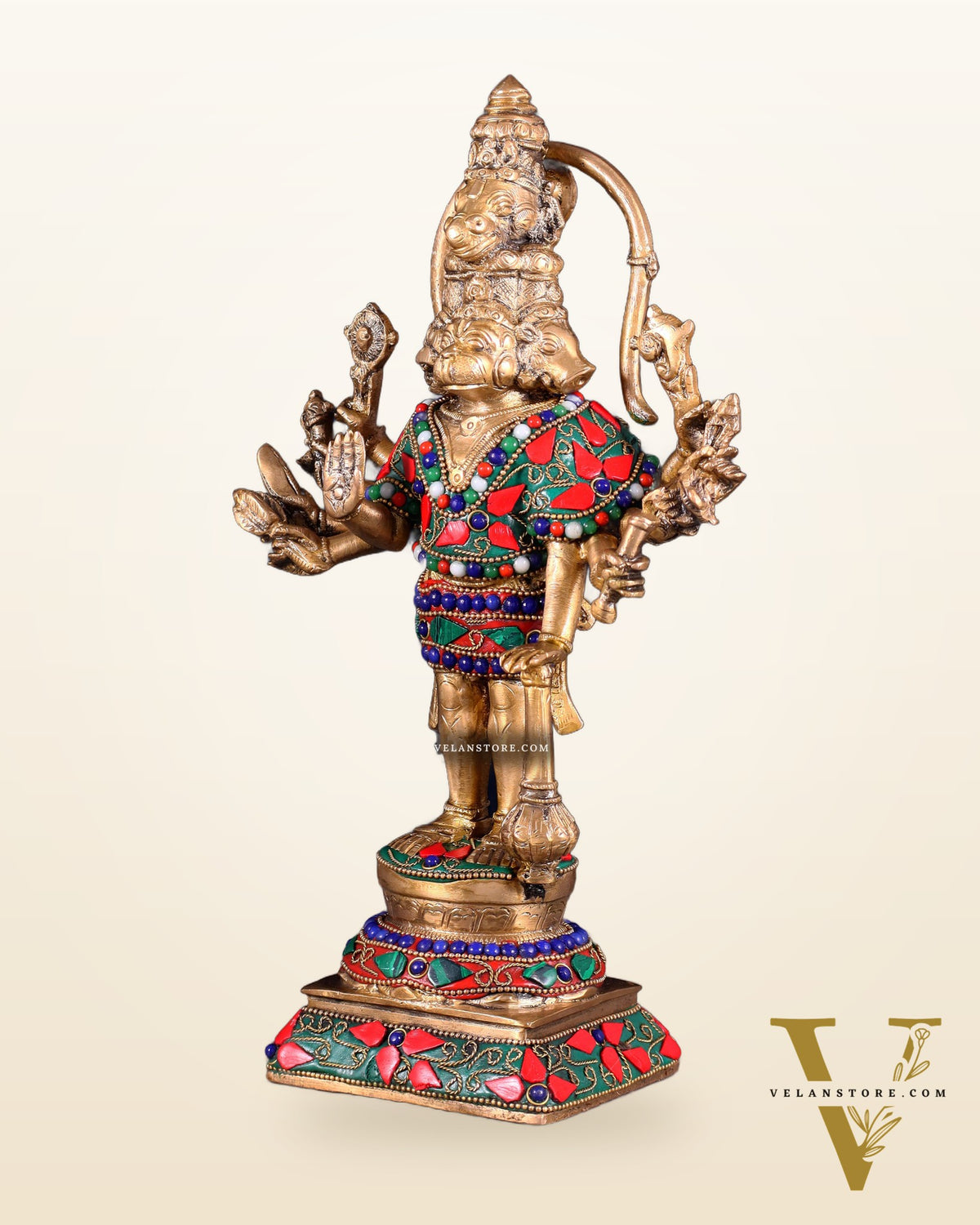 Pure Brass Standing Panchmukhi Hanuman Idol Floral stonework 12"