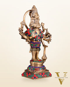 Pure Brass Standing Panchmukhi Hanuman Idol Floral stonework 12"