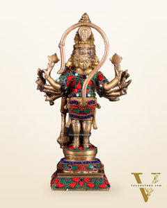 Pure Brass Standing Panchmukhi Hanuman Idol Floral stonework 12"