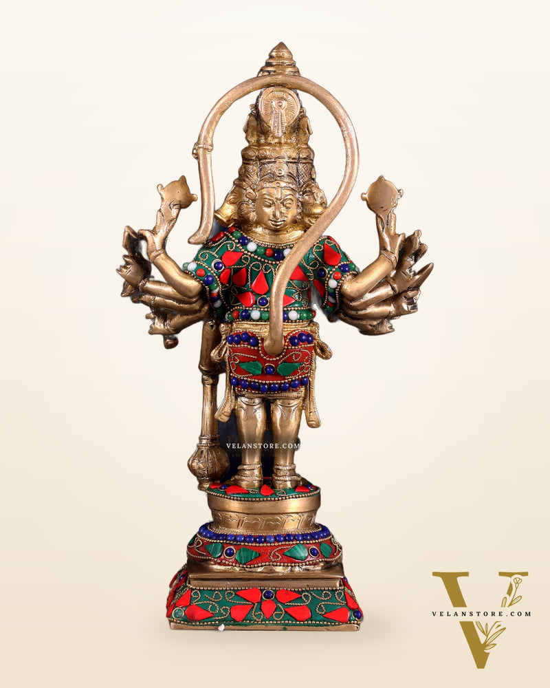 Pure Brass Standing Panchmukhi Hanuman Idol Floral stonework 12"