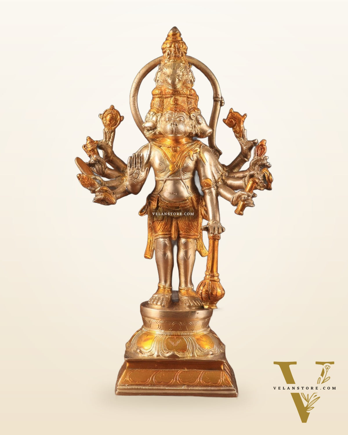 Pure Brass Standing Panchmukhi Hanuman Idol – glossy gold finish 12 inch