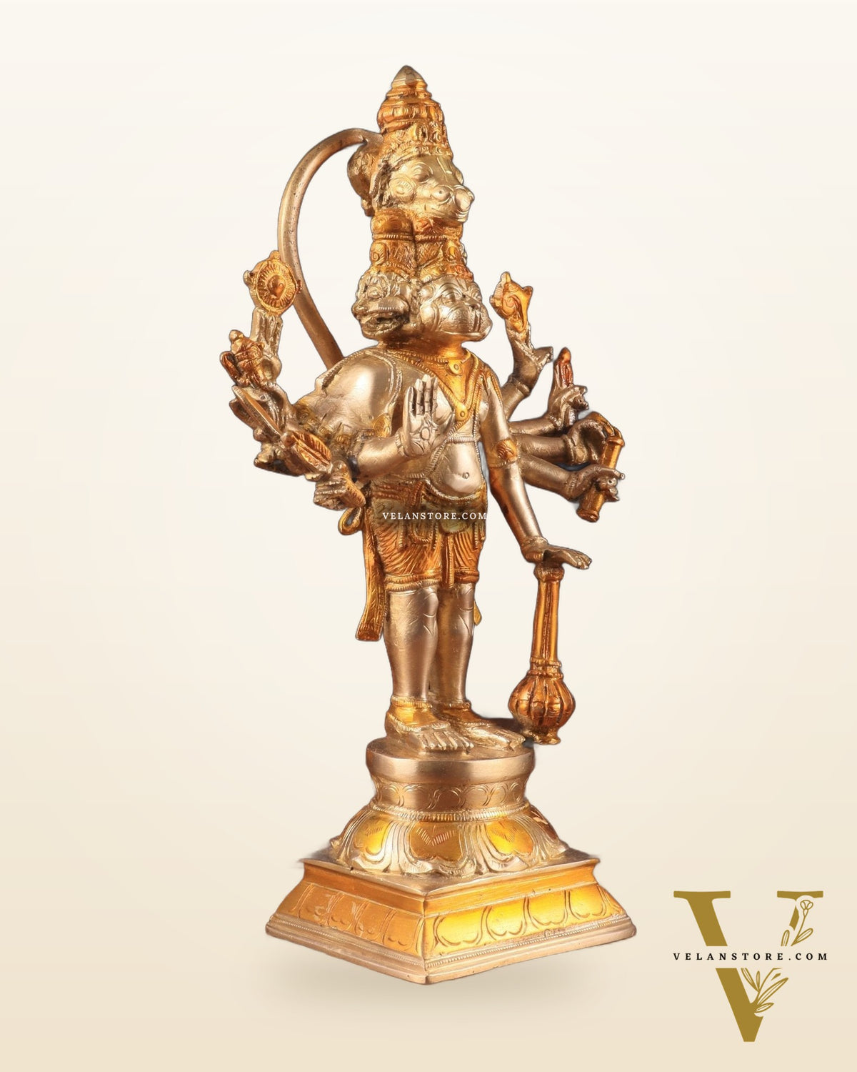 Pure Brass Standing Panchmukhi Hanuman Idol – glossy gold finish 12 inch