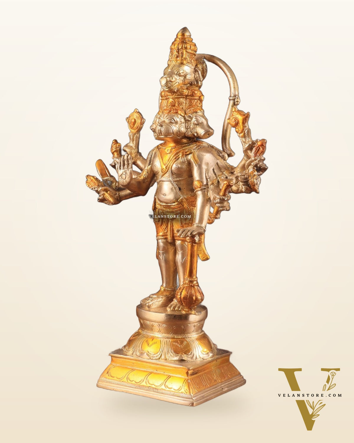 Pure Brass Standing Panchmukhi Hanuman Idol – glossy gold finish 12 inch