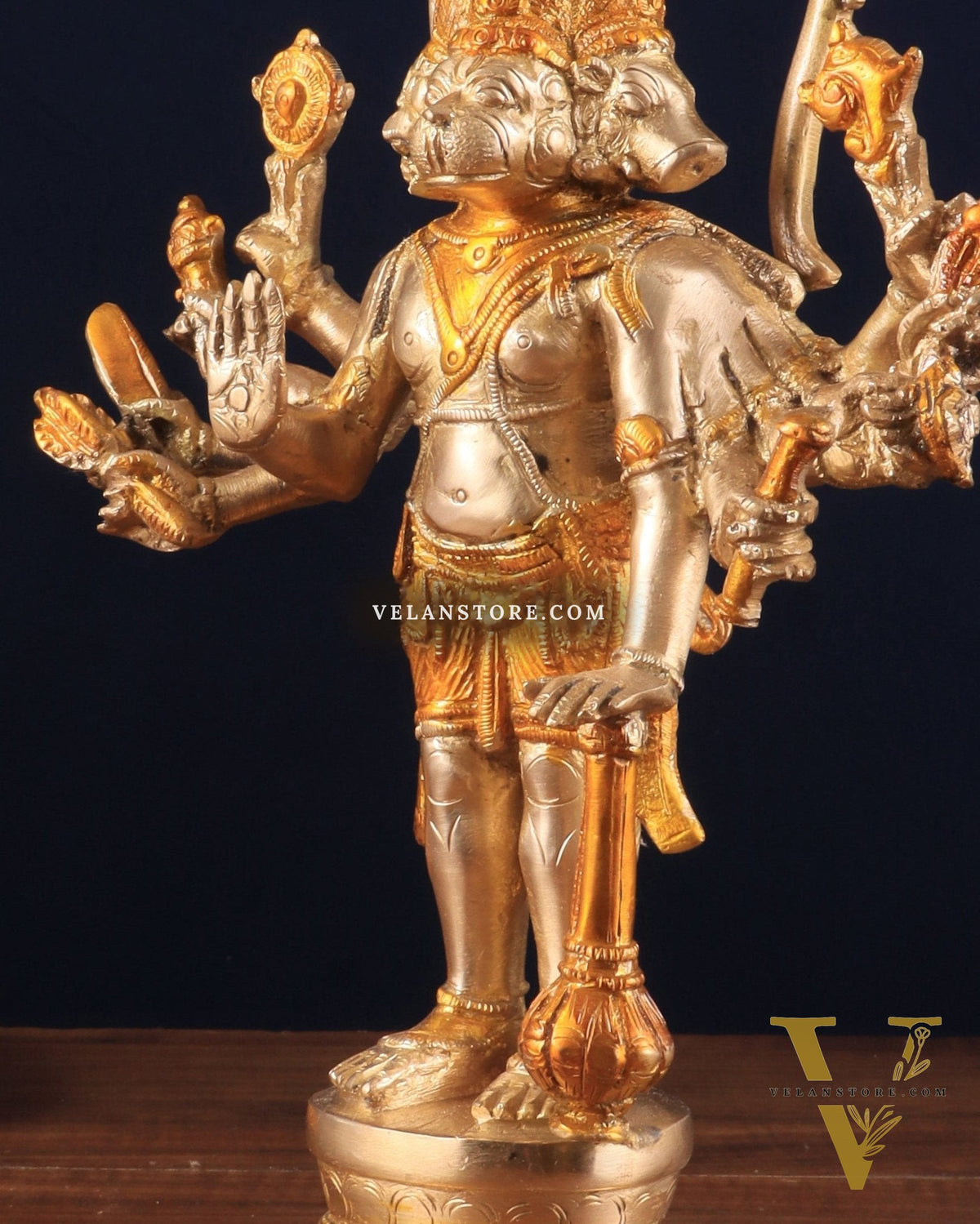 Pure Brass Standing Panchmukhi Hanuman Idol – glossy gold finish 12 inch