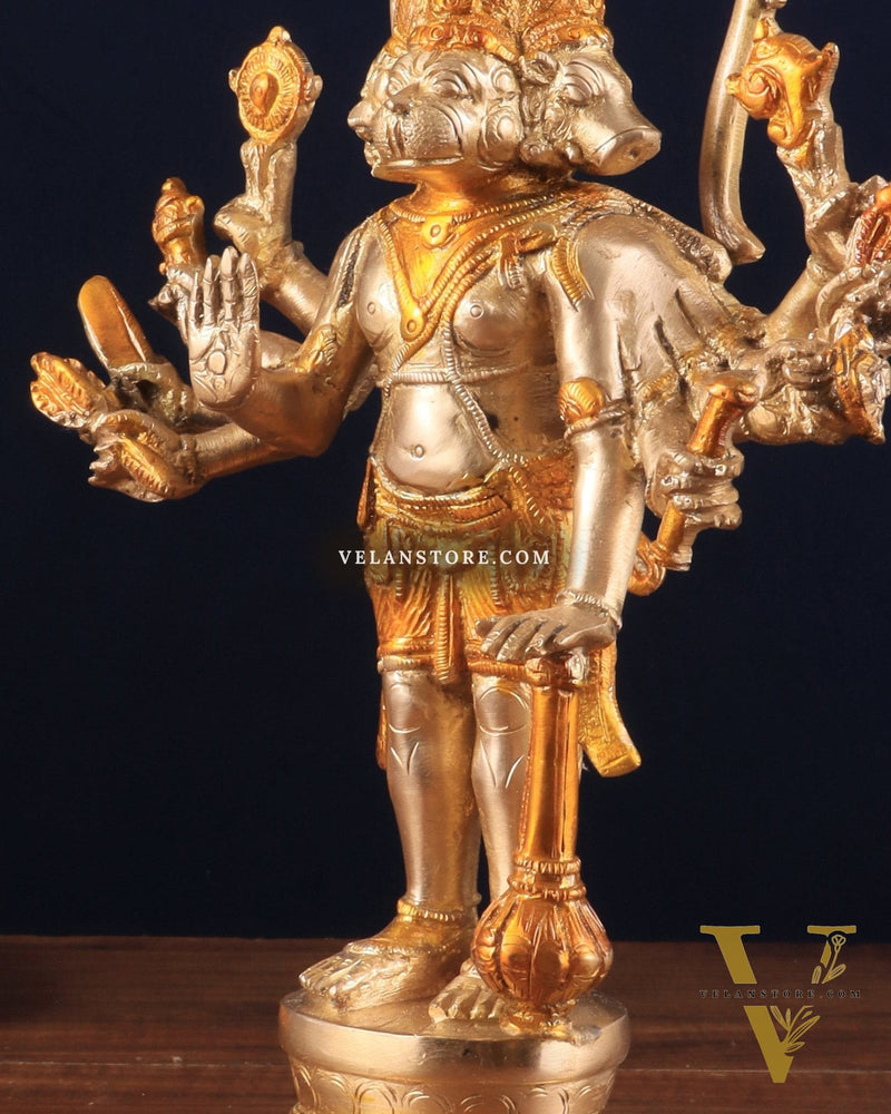 Pure Brass Standing Panchmukhi Hanuman Idol – glossy gold finish 12 inch