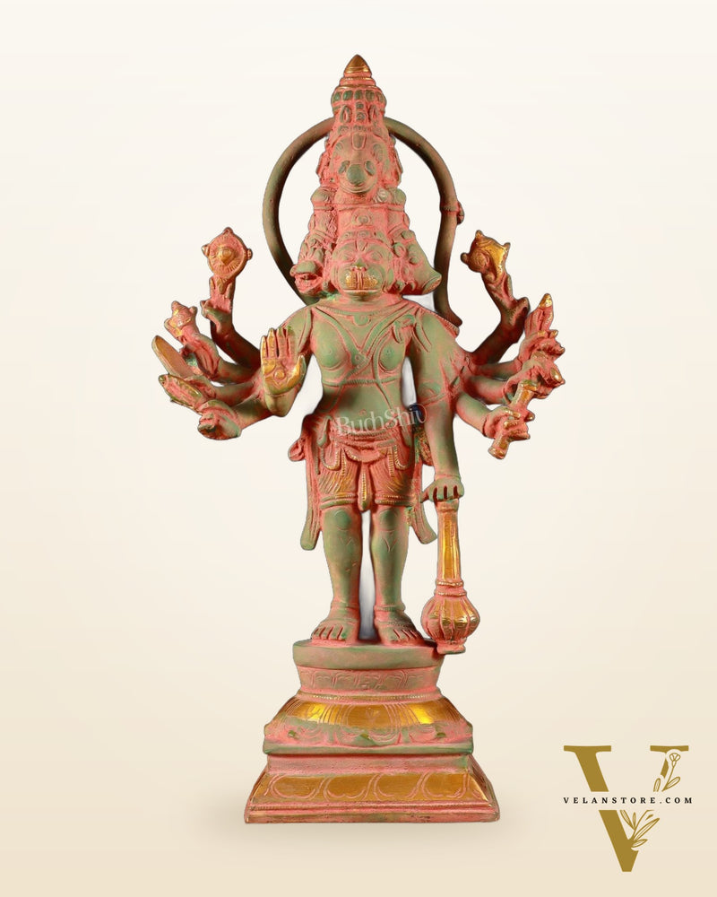 Pure Brass Standing Panchmukhi Hanuman Idol – green sand patina Finish 12 inch