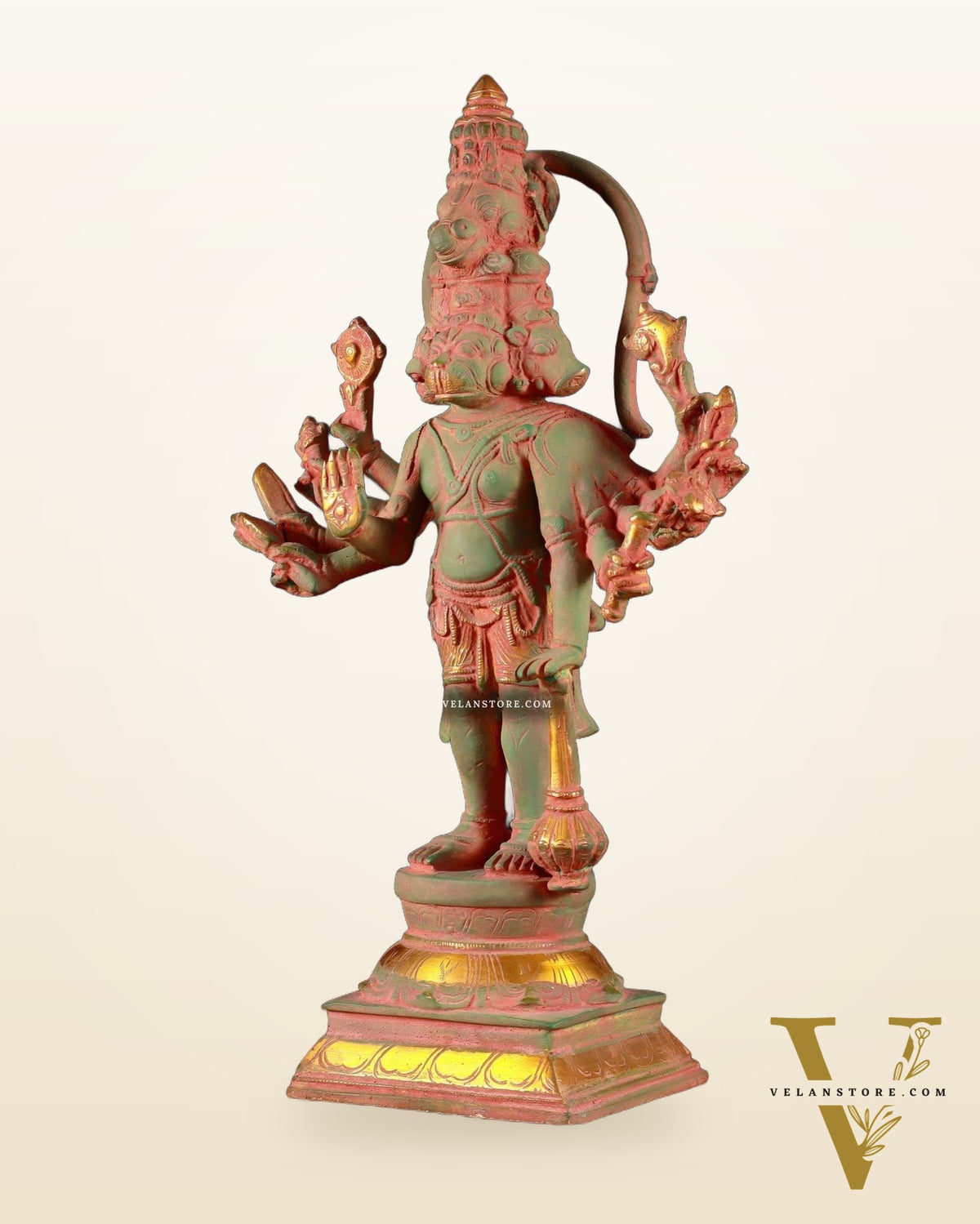 Pure Brass Standing Panchmukhi Hanuman Idol – green sand patina Finish 12 inch