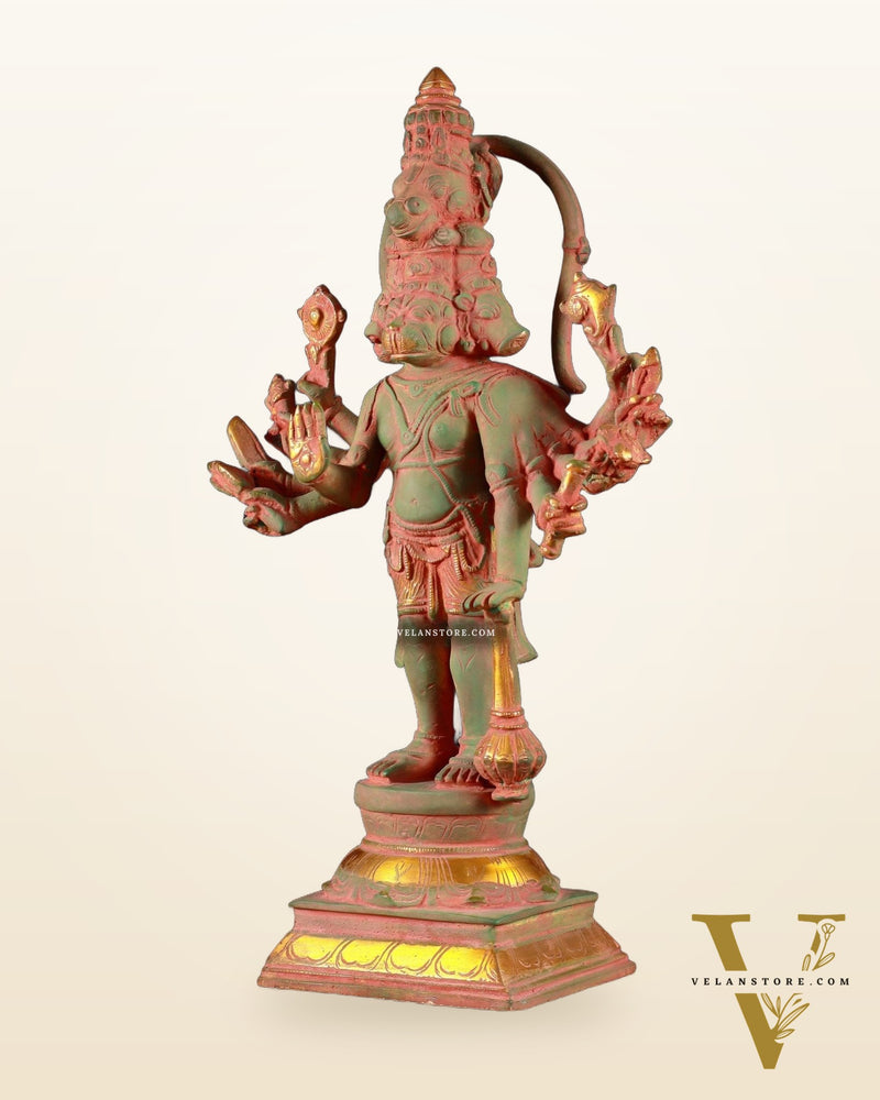 Pure Brass Standing Panchmukhi Hanuman Idol – green sand patina Finish 12 inch