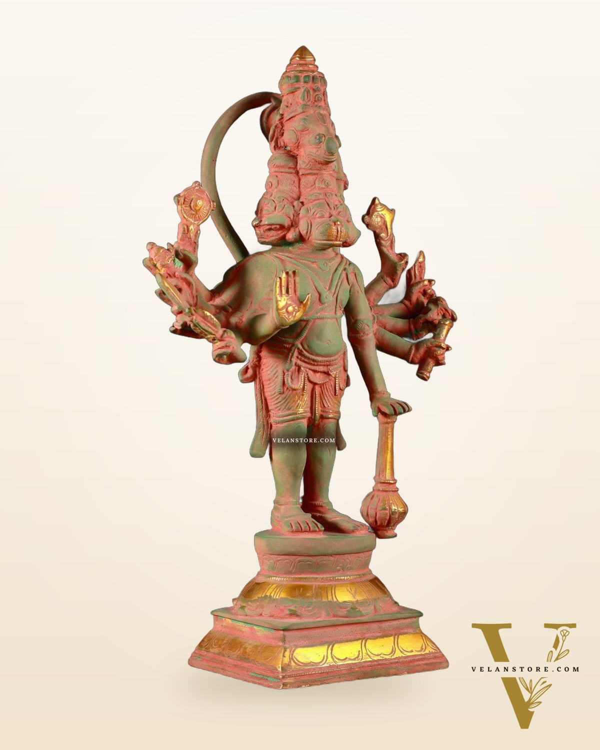 Pure Brass Standing Panchmukhi Hanuman Idol – green sand patina Finish 12 inch