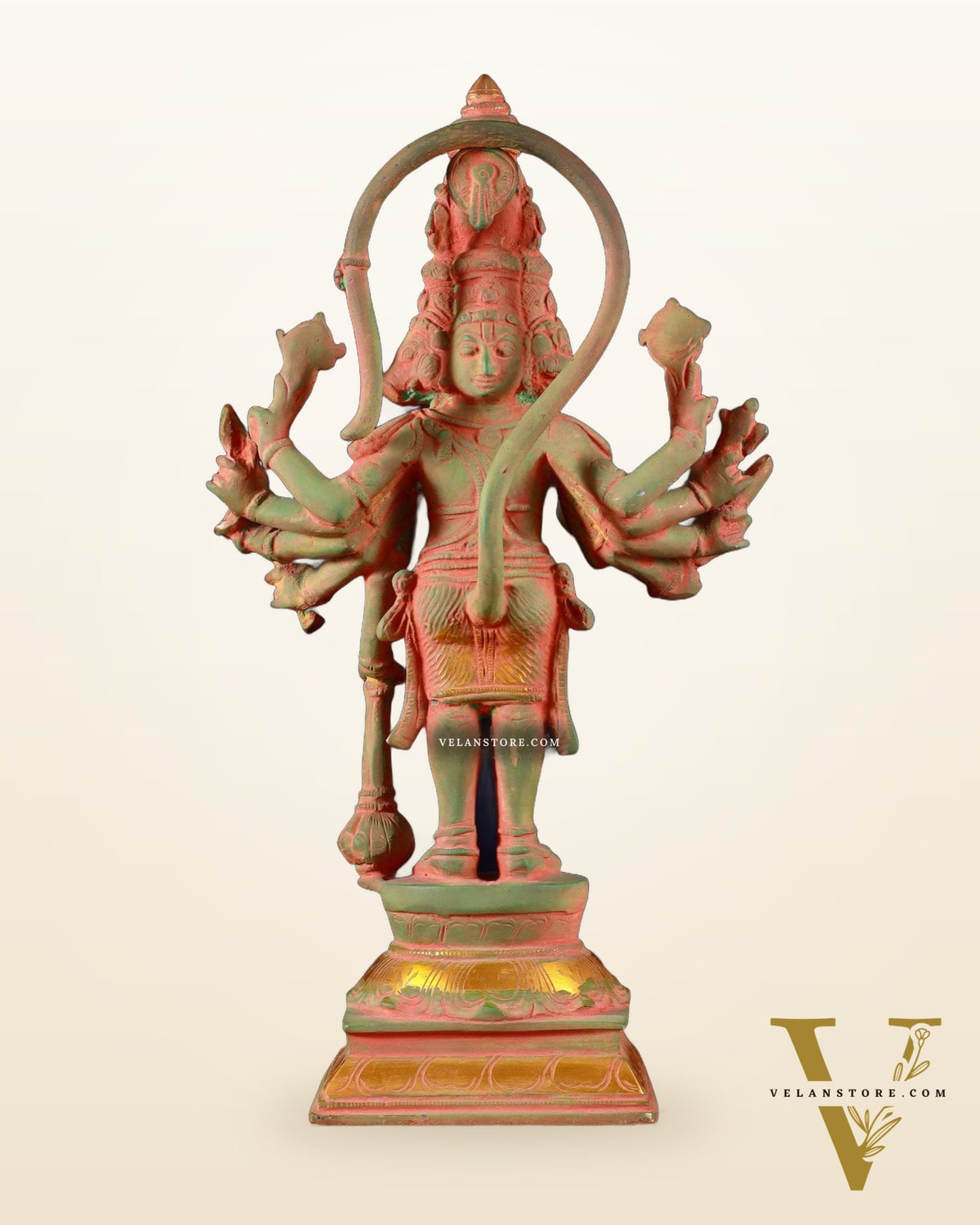 Pure Brass Standing Panchmukhi Hanuman Idol – green sand patina Finish 12 inch