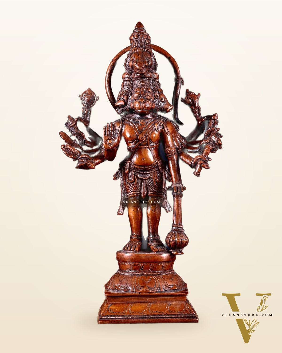 Pure Brass Standing Panchmukhi Hanuman Idol – Vintage Bronze Tone 12 inch