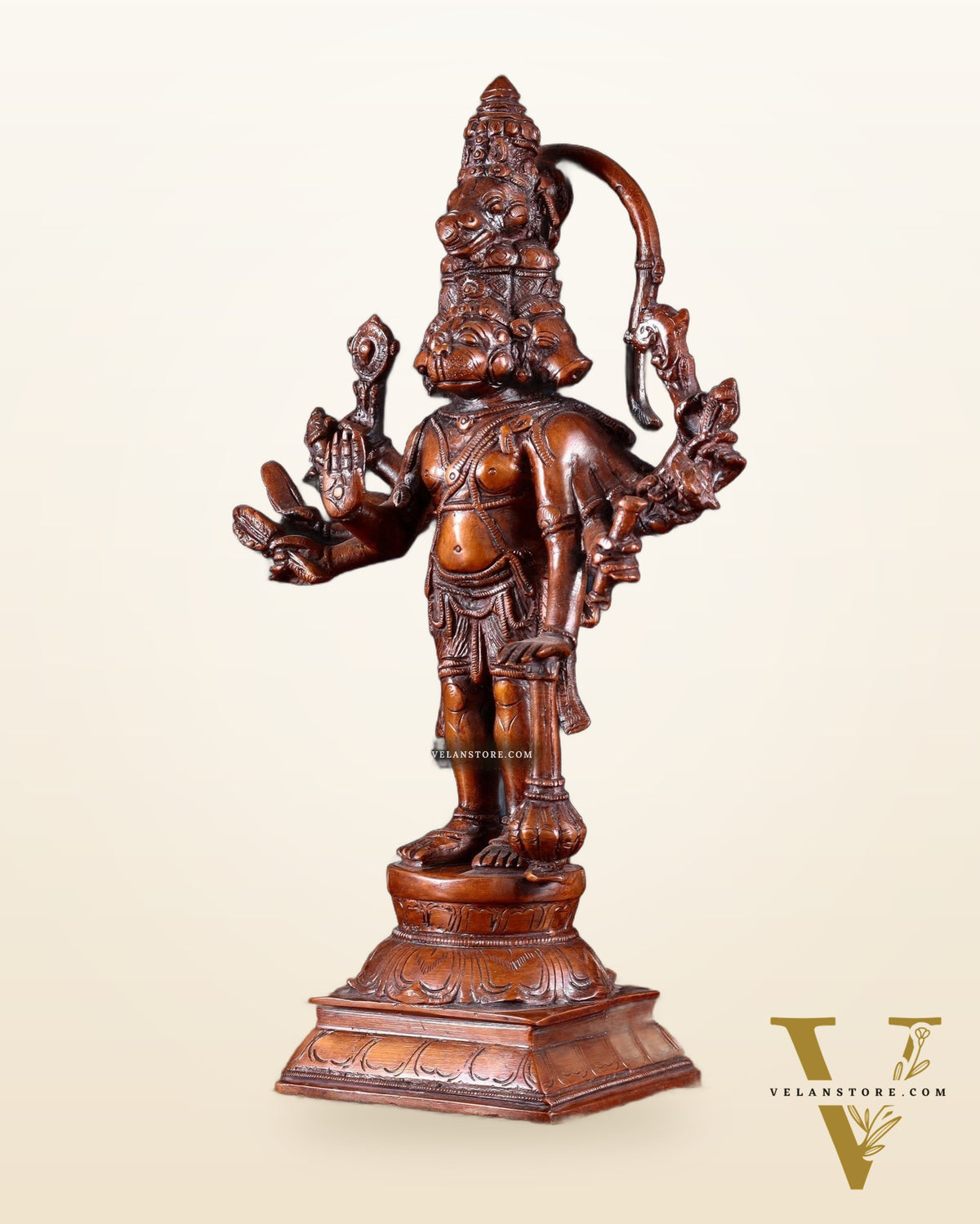 Pure Brass Standing Panchmukhi Hanuman Idol – Vintage Bronze Tone 12 inch