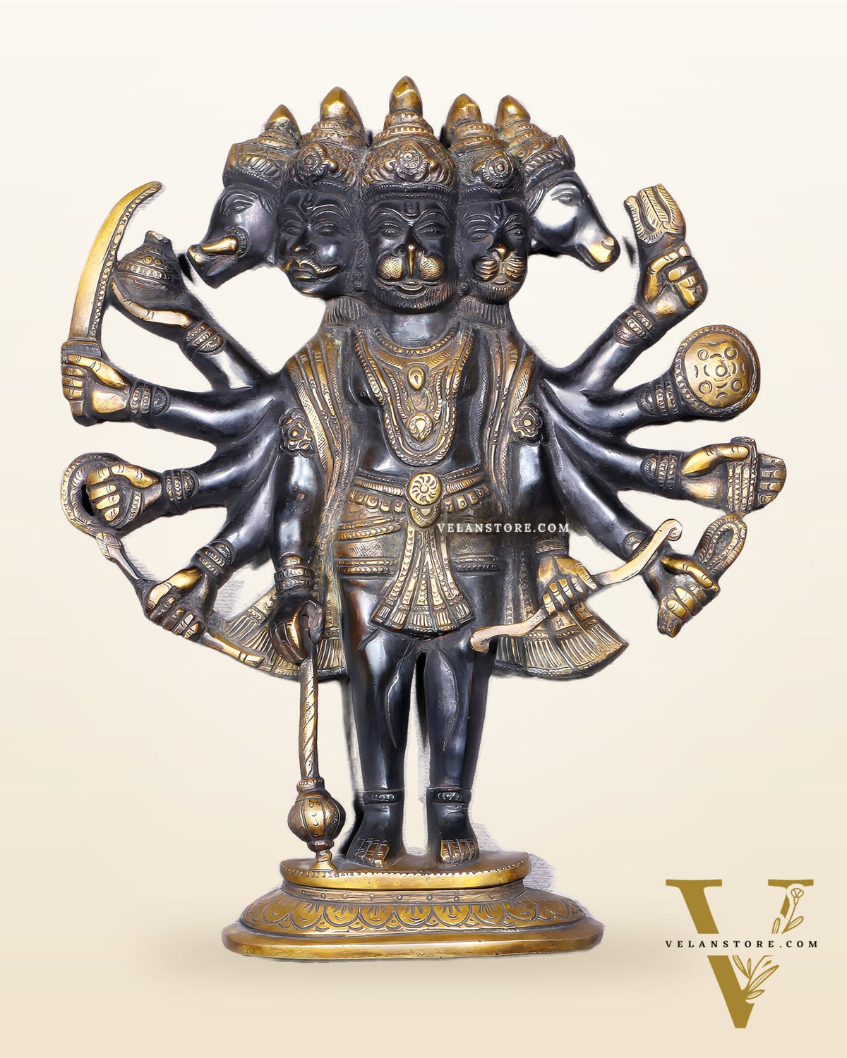 Pure Brass Standing Panchmukhi Hanuman Wall Hanging | Vastu Protection 13"