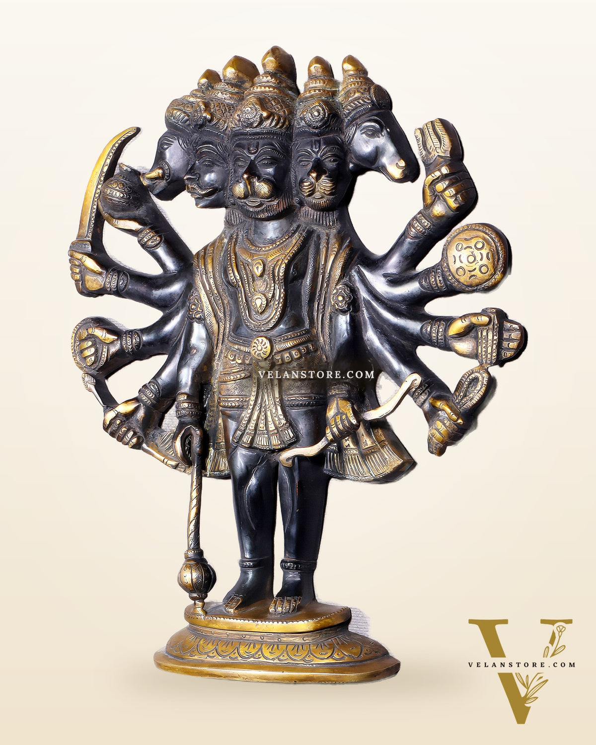 Pure Brass Standing Panchmukhi Hanuman Wall Hanging | Vastu Protection 13"