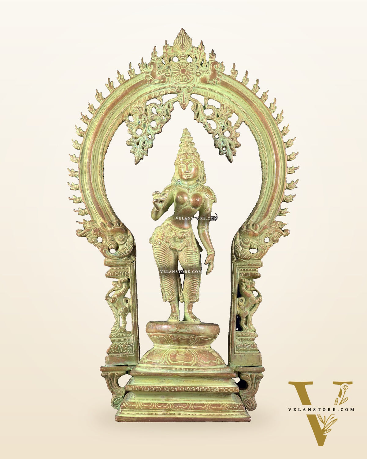Pure Brass Standing Parvati with Prabhavali – Bhoga Shakti Idol (Green Sand Patina Finish) 18 inch