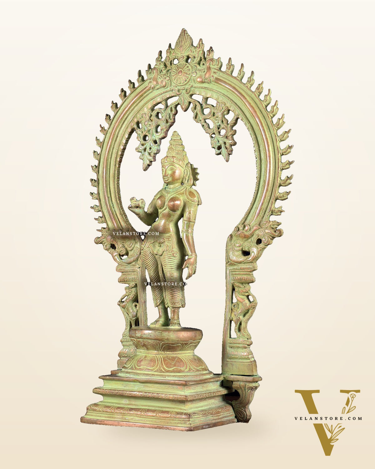 Pure Brass Standing Parvati with Prabhavali – Bhoga Shakti Idol (Green Sand Patina Finish) 18 inch