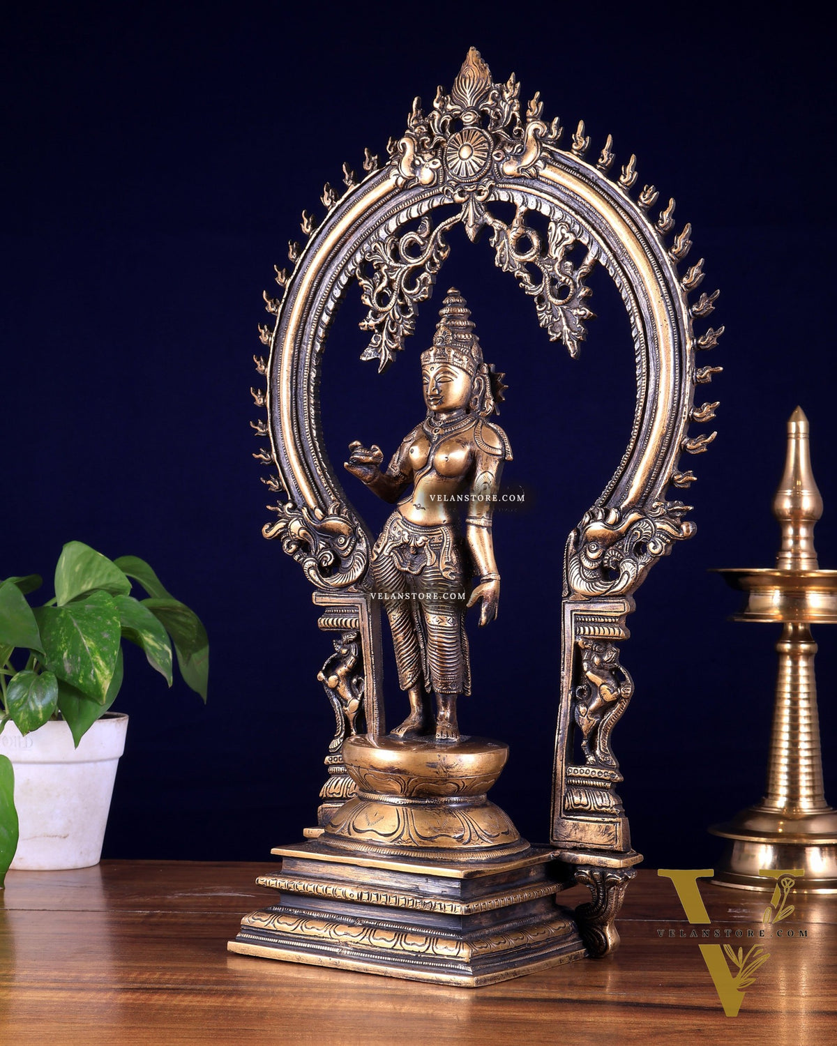 Pure Brass Standing Parvati with Prabhavali – Bhoga Shakti Idol (Antique Burnt Brass Finish) 18 inch
