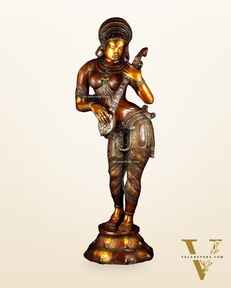 Pure Brass Standing Saraswati Statue – Unique Chola Style 35 inch